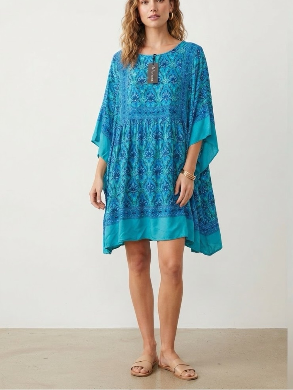 R.Vivimos Boho Turquoise Mandala Print Tunic Mini Dress NWT Kimono Sleeve🩷